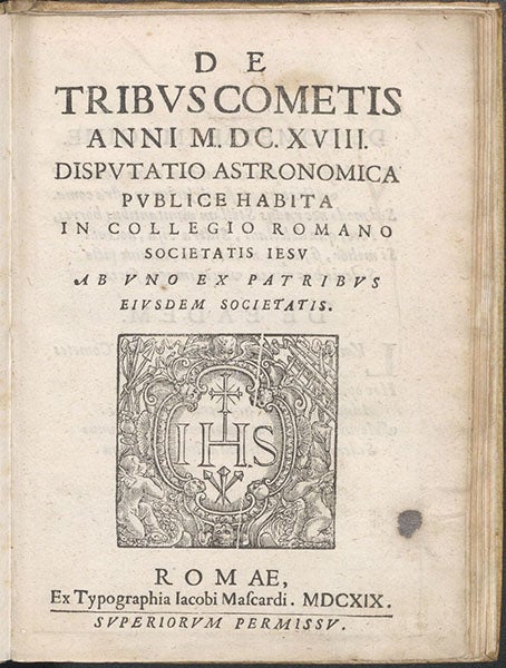Title page, De tribus cometis anni M.DC.XVIII: Disputatio astronomica, by [Orazio Grassi], 1619 (Linda Hall Library)