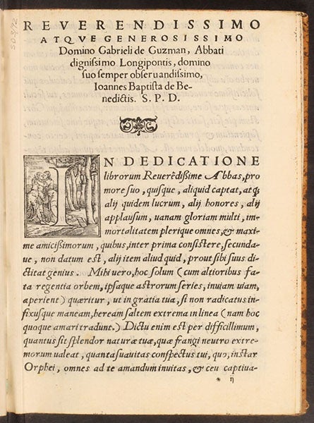 Beginning of 20-page dedication to Gabriel de Guzman, where the attack on Aristotle’s doctrine of free fall occurs, Resolutio omnium Euclidis problematum aliorumque, by Giovanni Battista Benedetti, 1553 (Linda Hall Library)