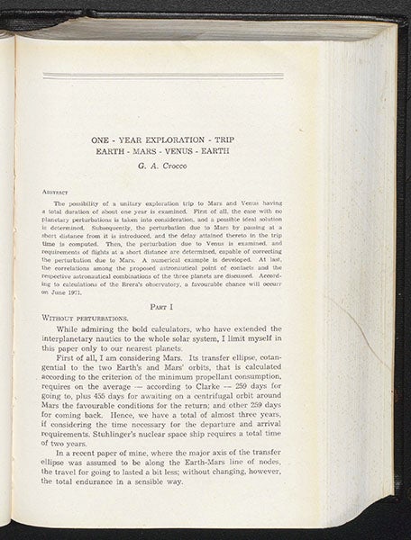 First page of a paper by Gaetano Crocco, “One-year exploration-trip- Earth–Mars–Venus–Earth,” in Proceedings of the VIIth International Astronautical Congress, Rome, 1956 (Linda Hall Library)
