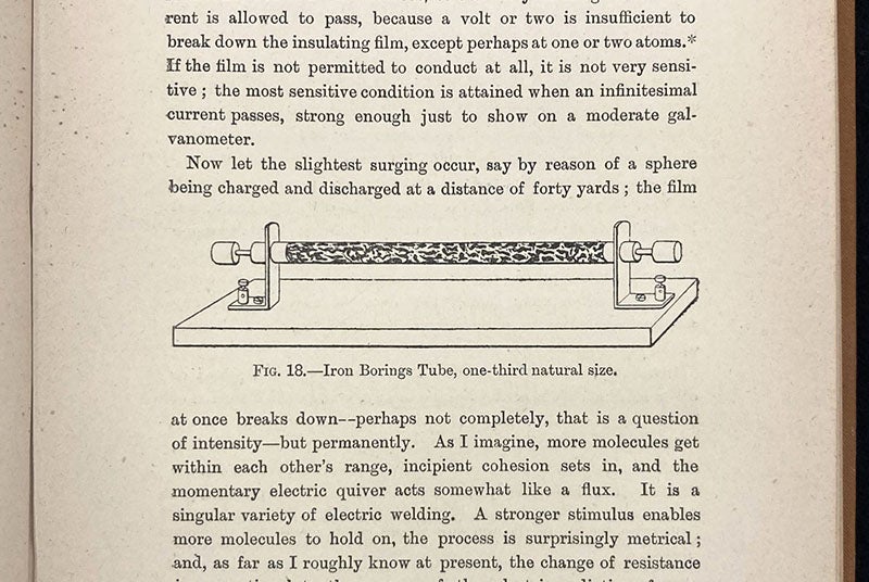 Diagram of an iron-filings coherer for detecting electromagnetic waves, wood engraving in The Work of Hertz and his Successors, by Oliver Lodge, 2nd ed., 1897 (Linda Hall Library)
