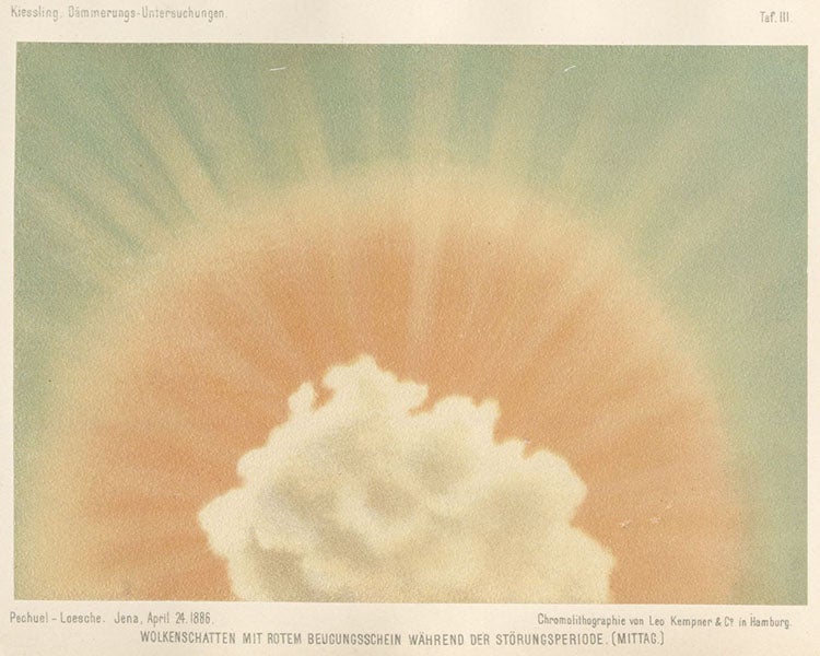 Cloud shadows with red rays at noon, chromolithograph after painting by Eduard Pechuel-Loesche, in Untersuchungen über Dämmerungserscheinungen zur Erklärung der nach dem Krakatau, by Johann Kiessling, plate 3, 1888 (Linda Hall Library).