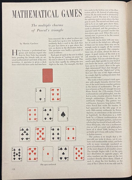 “The multiple charms of Pascal’s triangle,” Mathematical Games column by Martin Gardner for Scientific American, December 1966, p. 128 (author’s collection)