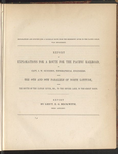 Title page, Report of Explorations for a Route for the Pacific Railroad by Capt. J.W. Gunnison, by Edward Beckwith, vol. 2 of the Pacific Railroad Reports, 1855 (Linda Hall Library)
