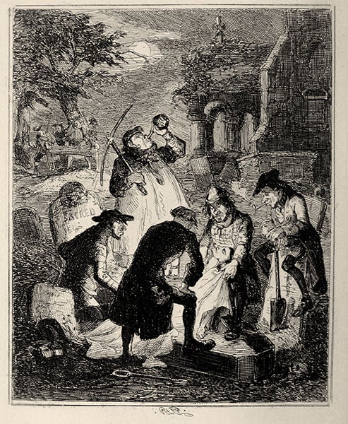 Resurrectionists at work stealing bodies, Victorian cartoon by Phiz, undated (Wikimedia commons)