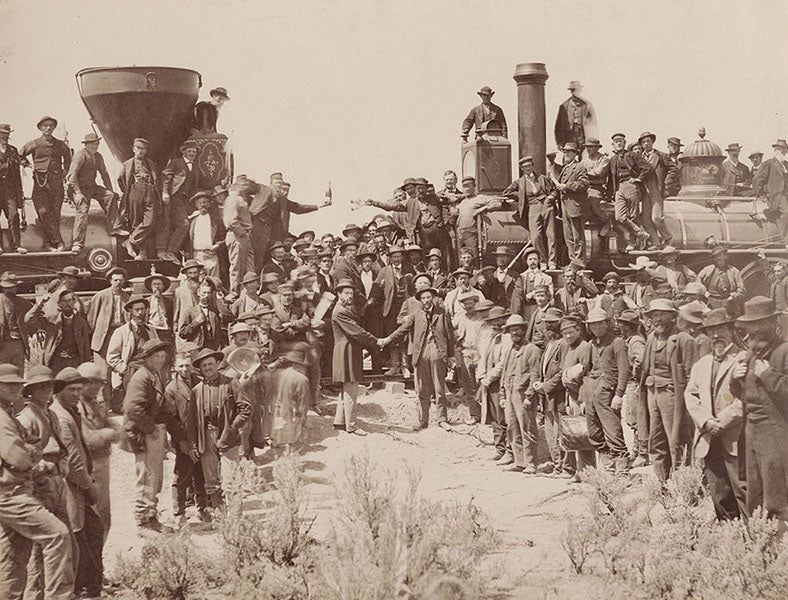 “Shaking Hands at Promontory Summit, Utah, on May 10, 1869,” photograph by Andrew Jr. Russell, 1869, Beinecke Library, Yale University (Wikimedia commons)