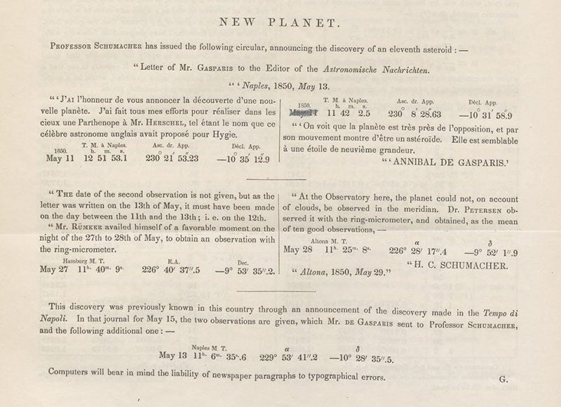 Announcement of the discovery of 11 Parthenope by Annibale de Gasparis, May 11, 1850, in Astronomical Journal, vol. 1, 1849-51 (Linda Hall Library)