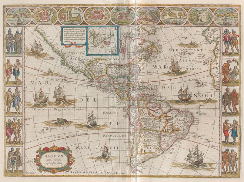 Map of the Americas, hand-colored engraving, Atlas maior, by Joan Blaeu, vol. 11, foll. p. 1, 1662 (Linda Hall Library)