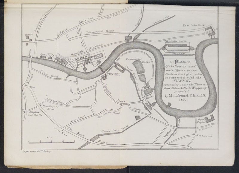Map of River Thames, central London, with site of proposed tunnel marked by a short thick line crossing the Thames, Sketches of the Works for the Tunnel under the Thames, from Rotherhithe to Wapping, 1828 (Linda Hall Library)