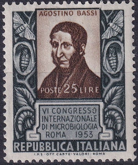 Italian postage stamp honoring Agostino Bassi, 1953 (amphl.it)
