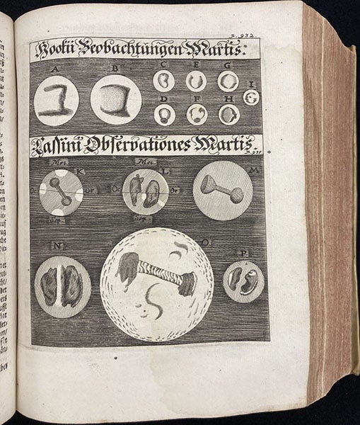 The face of Mars, according to Giovanni Domenico Cassini and Robrt Hooke, engraving in Das eröffnete Lust-haus, by Erasmus Francisci, 1676 (Linda Hall Library)