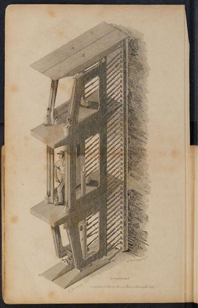 A single frame of the 12-frame tunnelling shield, with places for three miners, engraving in Explication des travaux entrepis pour la construction de la tunnelle ou passage sous la Tamise, by the Thames Tunnel Company, 1836 (Linda Hall Library)