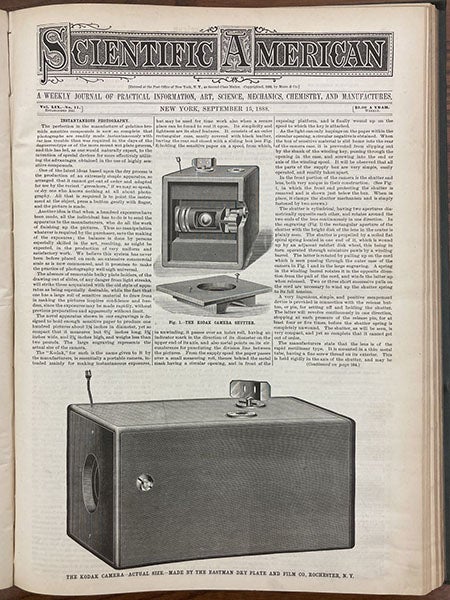 Front page story on the new Kodak camera, Scientific American, Sep. 15, 1888 (Linda Hall Library)
