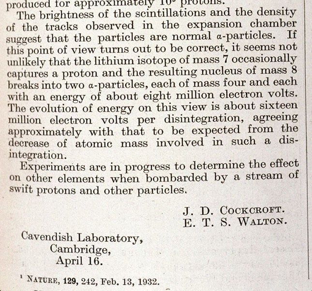 Concluding paragraph of letter by John Cockcroft and Ernest Walton, "Disintegration of lithium by swift protons," Nature, vol. 129, Apr. 30, 1932, where they concluded that accelerated protons struck and were absorbed by lithium atoms, causing each of them to split into two alpha particles (Linda Hall Library)