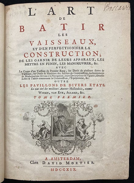 Title page, L'art de batir les vaisseaux, by Nicolaas Witsen et al, 1719 (Linda Hall Library)