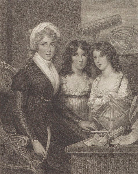Portrait of Margaret Bryan and her daughters, aquatint by W. Nutter after miniature by Samuel Shelley, frontispiece to Margaret Bryan, <i>Compendious System of Astronomy</i>, 1797 (Linda Hall Library)
