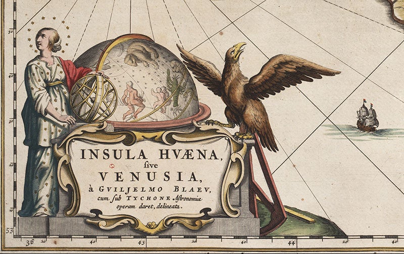 Detail of second image, cartouche at lower left, crediting Willem Janszoon Blaeu for the map and showing one of his celestial globes (Linda Hall Library)