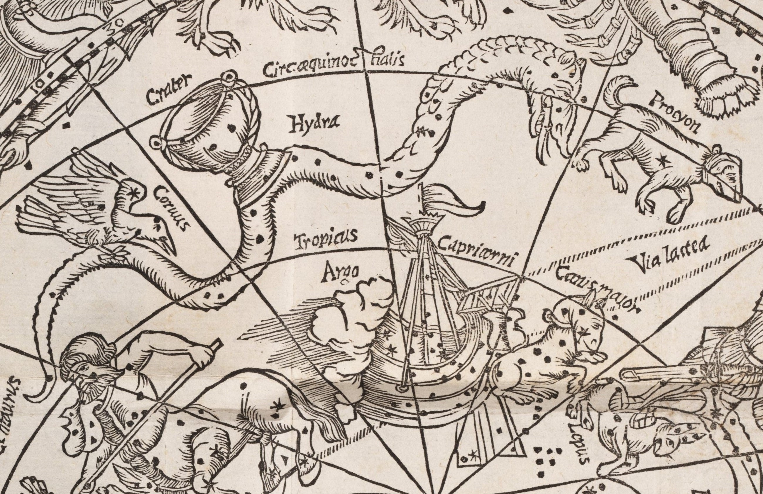 Detail of southern map, showing Hydra, Crater, Corvus, Canis Minor, Canis Major, and Argo. Image source: Aratus Solensis. [Greek] Aratou Soleôs Phainomena kai diosêmeia. Paris, 1559.