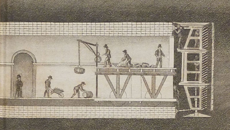 Side view of digging of the Thames Tunnel in progress, with the tunnelling shield at right, Sketches of the Works for the Tunnel under the Thames, from Rotherhithe to Wapping, 1828 (Linda Hall Library)