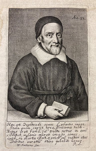 Portrait of William Oughtred, engraving by W. Faithorne from an original by Wenceslas Hollar, frontispiece to Oughtred, <i>Trigonometria</i>, 1657 (Linda Hall Library)