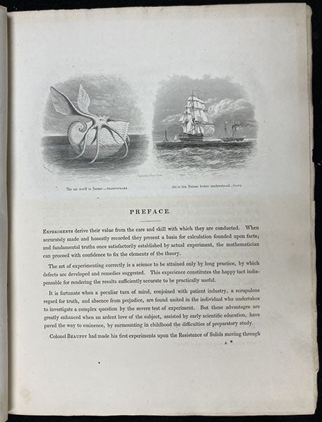 Preface, page i, with engraved headpiece, Nautical and Hydraulic Experiments, with Numerous Scientific Miscellanies, by Mark Beaufoy, vol. 1 (all published), 1834, copy 1 (Linda Hall Library)