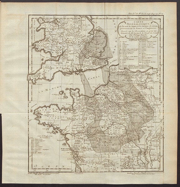Second mineralogical map, covering France and England, by Jean-Étienne Guettard, in Memoires de l’académie royale des sciences pour 1746 (Linda Hall Library)