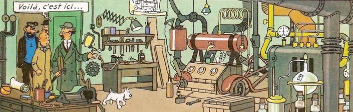 Professor Calculus, in the green coat, with some of his inventions, cartoon panel from the strip, The Adventures of TinTin, by Hergé (tintinmilou.free.fr)