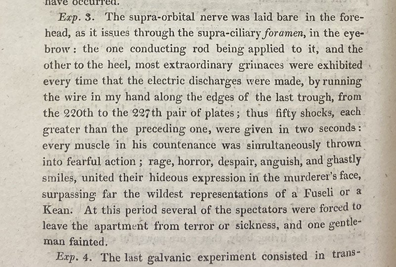 Description of experiment 3, “An account of some experiments made on the body of a criminal immediately after execution, with physiological and practical observations”, by Andrew Ure, Journal of Science and the Arts, vol. 6, p. 290, 1819 (Linda Hall Library)