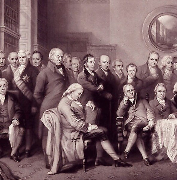 “Distinguished Men of Science 1807/08”, engraving, detail, 1862; Henry is central standing figure with unruly black hair <br>(National Portrait Gallery, London)