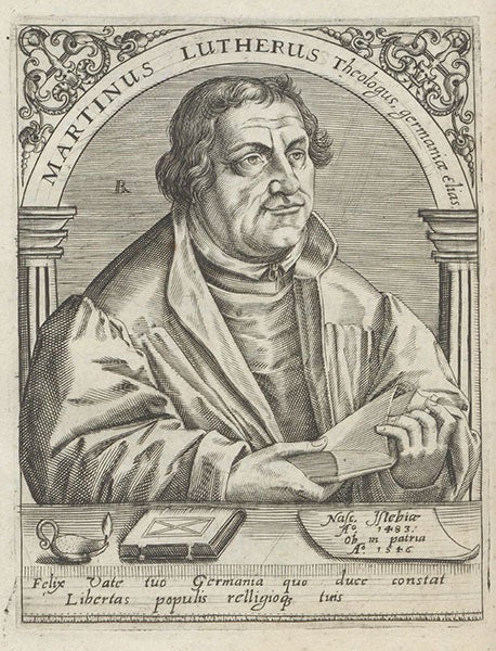 Portrait of Martin Luther, engraving by Theodor de Bry, Icones quinquaginta virorum illustrium, by Jean-Jacques Boissard, vol. 3, 1597-99 (Lionda Hall Library)