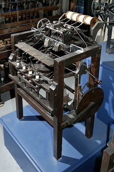 A four-spindled water frame built by Richard Arkwright for his mill at Matlock Bath, Derbyshire, 1775, in the Science and Industry Museum, Manchester (scienceandindustrymuseum.org)