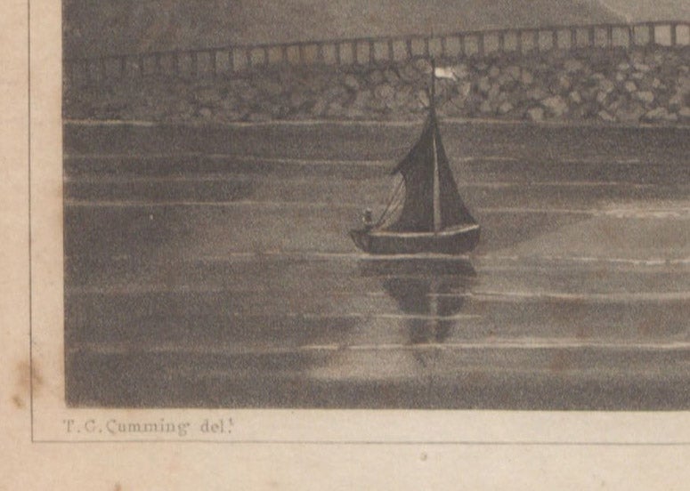Detail of third image, aquatint of the Conwy Suspension Bridge, showing aquatint granulation and the signature of the artist, T.G Cumming, in Description of the Iron Bridges of Suspension Now Erecting over the Strait of Menai, at Bangor, and over the River Conway, in North Wales; with Two Views, by T.G. Cumming, Surveyor, 1824 (Linda Hall Library)