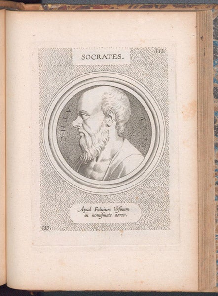 Portrait of Socrates, by Theodor Galle, engraving after a cameo, coin, gem, or relief in the collection of Fulvio Orsini, in Galle’s Illustrium imagines, 1606 (Linda Hall Library)