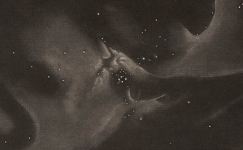 Great Nebula in Orion, detail of an mezzotint engraving by James Basire, based on a drawing by William Lassell, from the <i>Memoirs of the Royal Astronomical Society</i>, 1854 (Linda Hall Library)