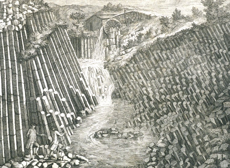 Basalt cascade in the Alpone valley. Image source: Manson, J., et al. A Series of Plates Representing the Most Extraordinary and Interesting Basaltic Mountains, Caverns and Causeways, in the Known World: Fifty Engravings. Published by the proprietor [J. Manson], 1825, pl. 31.