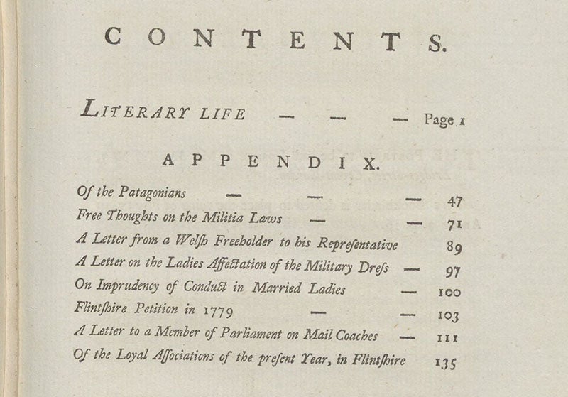 Table of Contents, detail, The Literary Life of the late Thomas Pennant, by Thomas Pennant, 1793 (Linda Hall Library)