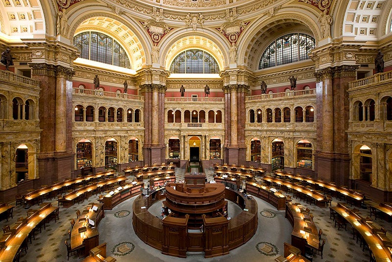 Eight of the 16 statues on the balcony under the dome of the Main Reading Room, Thomas Jefferson Library, Library of Congress, Washington, D.C. (Wikipedia)