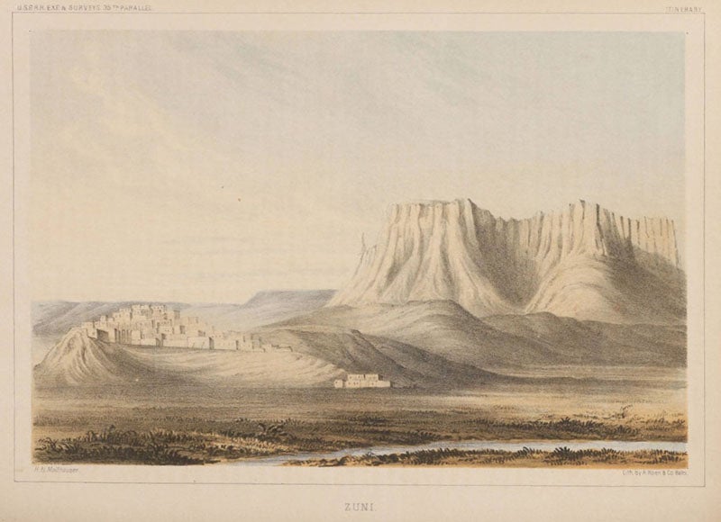 Zuni pueblo, chromolithograph from a sketch by Balduin Möllhausen, Explorations and Surveys for a Railroad Route from the Mississippi River to the Pacific Ocean: Route near the Thirty-Fifth Parallel, by Amiel W. Whipple (Pacific Railroad Report, 3), 1856 (Linda Hall Library)