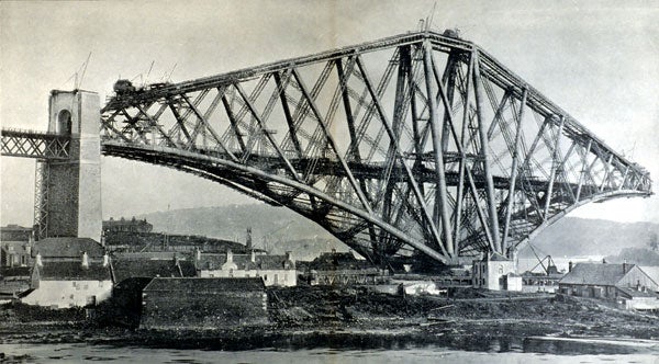 The Forth Bridge nearing completing of the central girders. Image source: Westhofen, W. The Forth Bridge / Reprinted from "Engineering", February 28, 1890. 3rd ed, revised. London. Offices of "Engineering" [1890?], pl. 18.