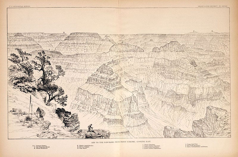  “Key to the Panorama from Point Sublime – Looking East,” wood engraving after a drawing by William Henry Holmes, Tertiary History of the Grand Cañon District, by Clarence E. Dutton (USGS Monograph, 2), p. 142, 1882, copy 2 (Linda Hall Library)