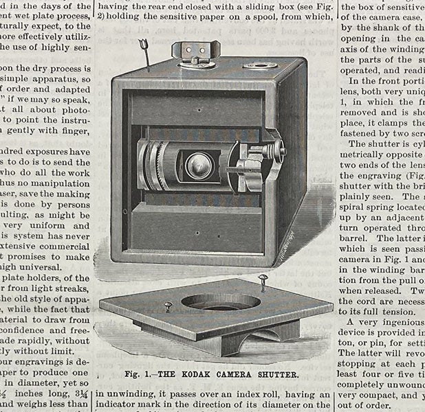 The front of the new Kodak camera, with front plate removed, revealing the cylindrical shutter and the lens, detail of wood engraving in Scientific American, Sep. 15, 1888 (Linda Hall Library)