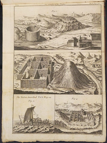 Incan ruins, engraving in A Voyage to South America, by Jorge Juan y Santacilia and Antonio de Ulloa, 2nd Engl. ed., vol. 1, plate 4, p. 190, 1760 (Linda Hall Library)