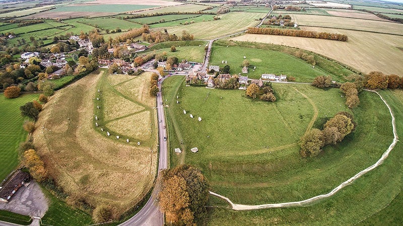 Aerial view of the stone circles of Avebury, from the south (Wikimedia commons)
