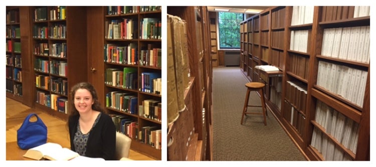 UMKC Sophomore Shaley Baker works on her weekly assignments from shelves of research materials.