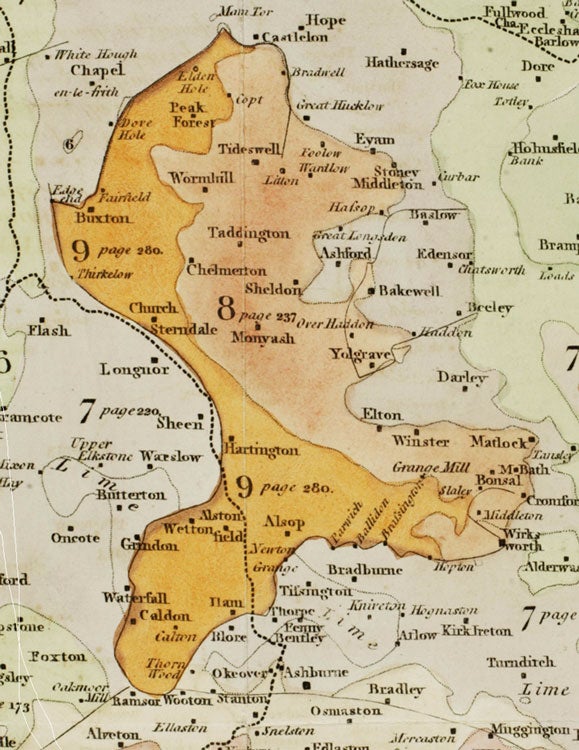 Detail of geological formation map. Image source: Farey, John. General View of the Agriculture and Minerals of Derbyshire. London: Printed by B. McMillan, 1811-17, pl. 2.