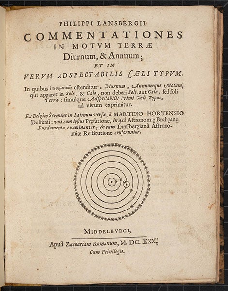 Title page, Philippe van Lansberge, <i>Commentationes in motum terræ diurnum &amp; annuum</i>, translated and with a new preface by Martinus Hortensius, 1630 (Linda Hall Library)