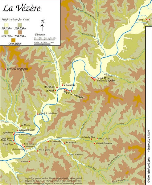 Map of La Vézère region of the Dordogne; La Madeleine and Le Moustier are near center; Lascaux is at very upper right (donsmaps.com)