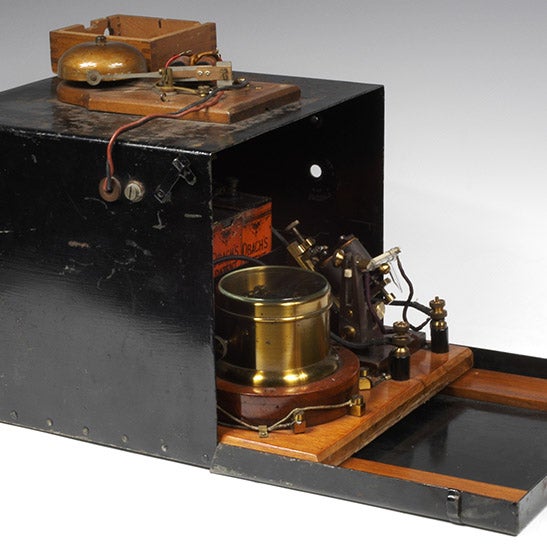 The actual receiver used by Marconi for the Toynbee Hall demonstrations, 1896, in its black box at the Museum of the History of Science at Oxford; note the bell on the top, which rang when a wireless signal was received (mhs.ox.ac.uk)
