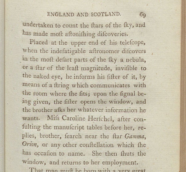 Barthélemy Faujas-de-Saint-Fond’s own description of Caroline and William Herschel working together at Dachet, Travels in England, Scotland, and the Hebrides, vol. 1, 1799 (Linda Hall Library)