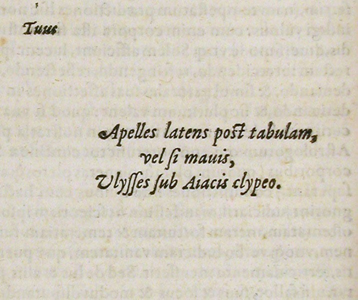 Signature of “Apelles hiding behind the picture,"  De maculis solarib. ... accuratior disquisitio, by [Christoph Scheiner], 1612 (Linda Hall Library)