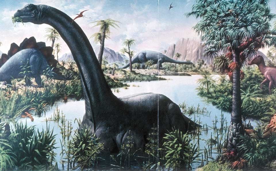 Dinosaur mural by Rudolf Zallinger for the Peabody Museum at Yale University. This work was on display in the original exhibition as item 47. Image source: The Editorial Staff of Life; and Lincoln Barnett. The World We Live In. New York: Time Inc., 1955, pp. 101-103.